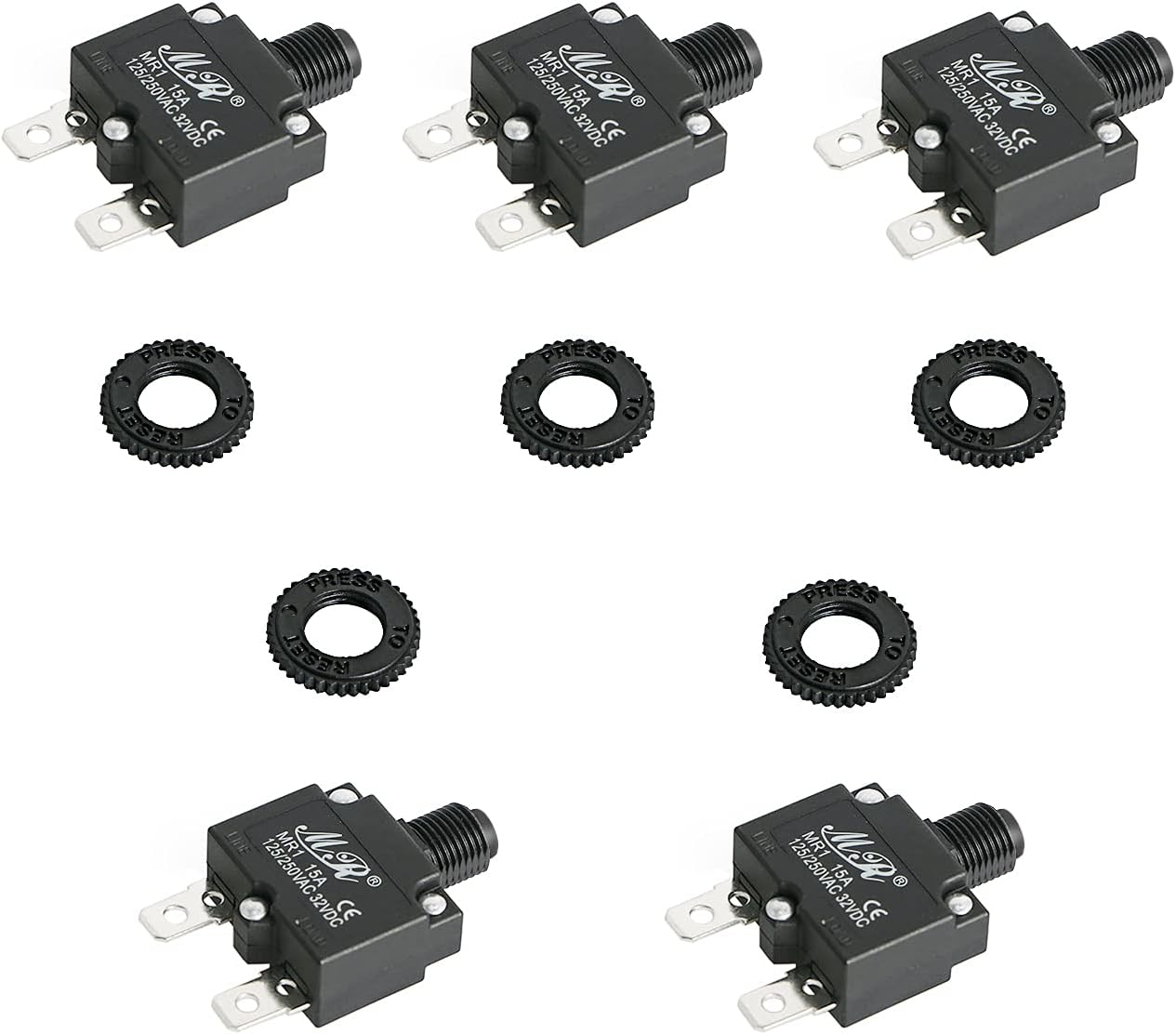 Aoje-Link 10 Amps Thermal Circuit Breakers Push Button Manual Reset Overload Protector Switch 10A 125250V AC 32V DC 2Pin 5Pcs, Black: Tools & Home Improvement
