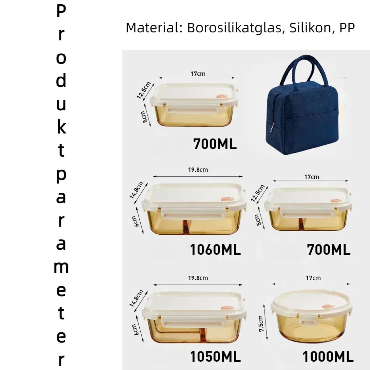 Boîte à goûter en verre compatible micro-ondes avec 3/2/0 compartiments et sac isotherme | Fermeture sur 4 côtés | Verre borosilicate + boîtier en polypropylène | Pour professionnels (grand