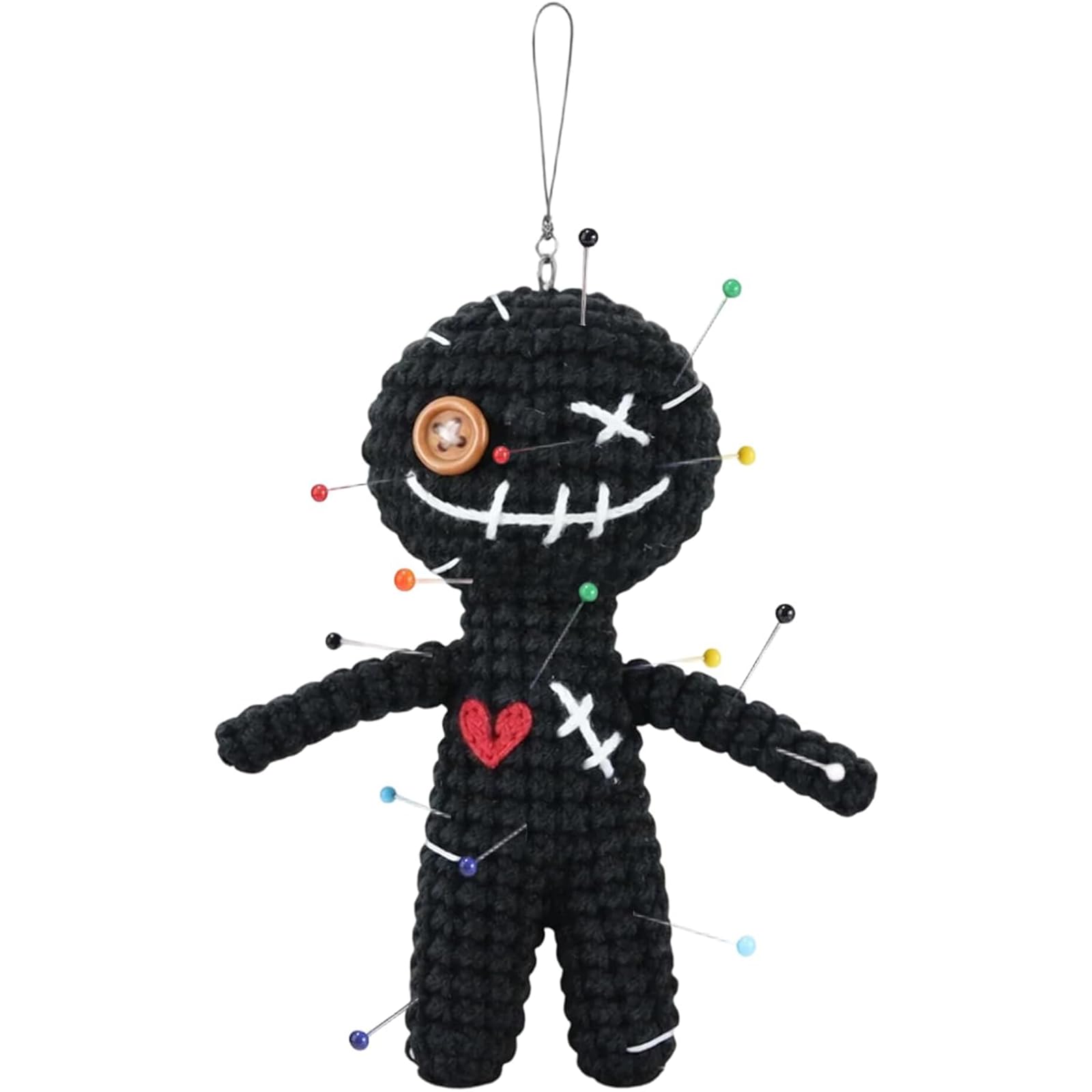 ToqoGeri Voodoo Doll Stress Relief Toy, Black Crochet, 12 cm, with 15 Colourful Ball Head Pins, Office Decor and Party Favour