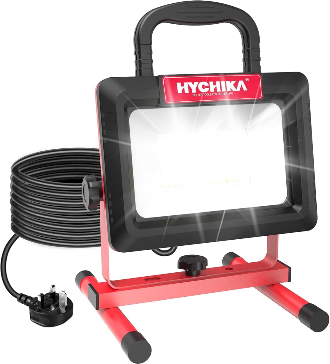 HYCHIKA LED Work Light, 100W 12000LM Construction Light, IP65 Waterproof Job Site Lights, 6500K Daylight White with Foldable Stand, 2m Cable for Workshop Garage Camping Garden