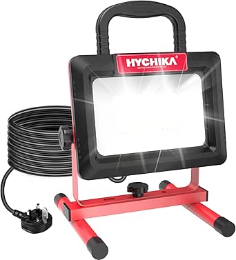 HYCHIKA LED Work Light, 100W 12000LM Construction Light, IP65 Waterproof Job Site Lights, 6500K Daylight White with Foldable Stand, 2m Cable for Workshop Garage Camping Garden