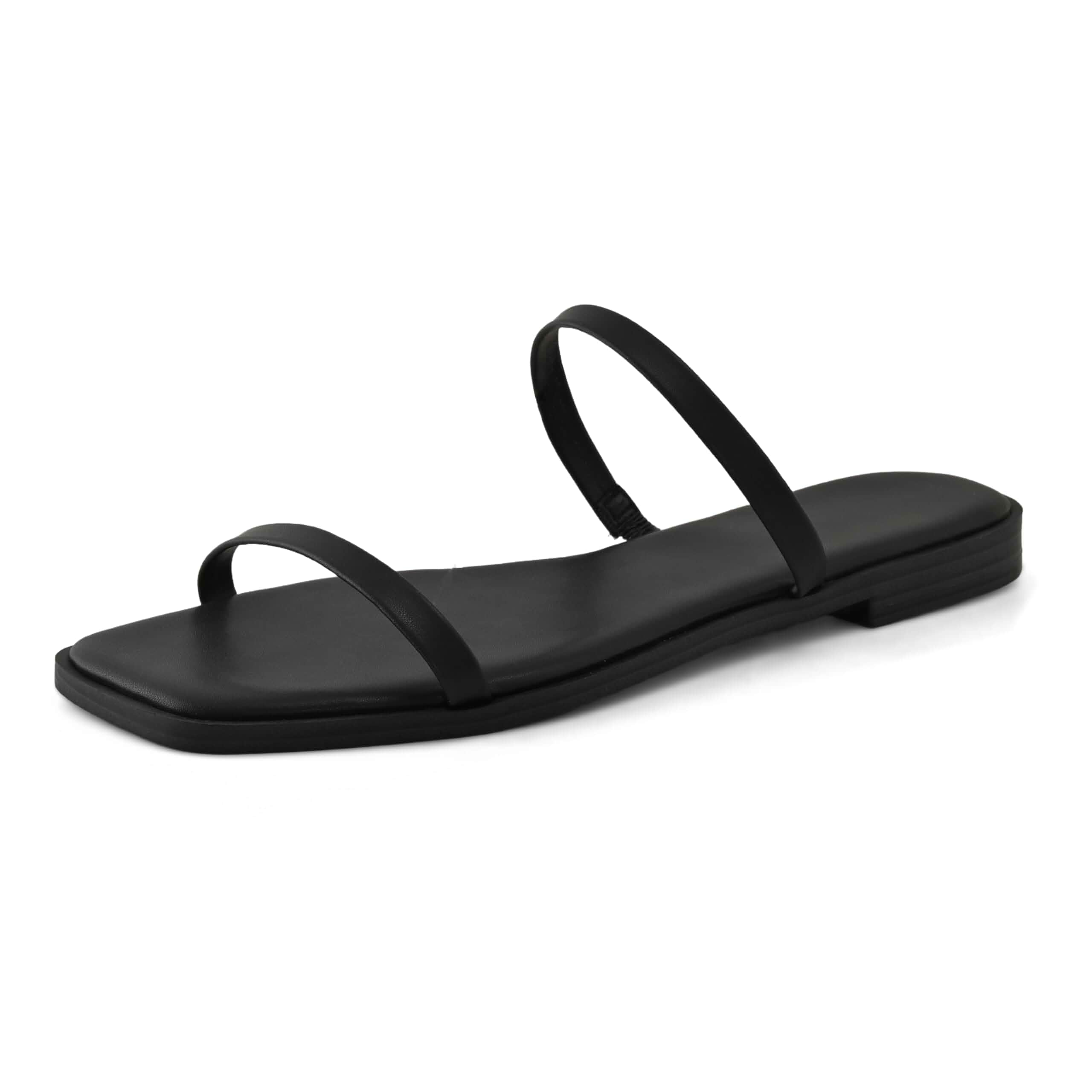Shoe'N Tale Strappy Flat Sandals for Women Slip On Square Open Toe Slides Sandals