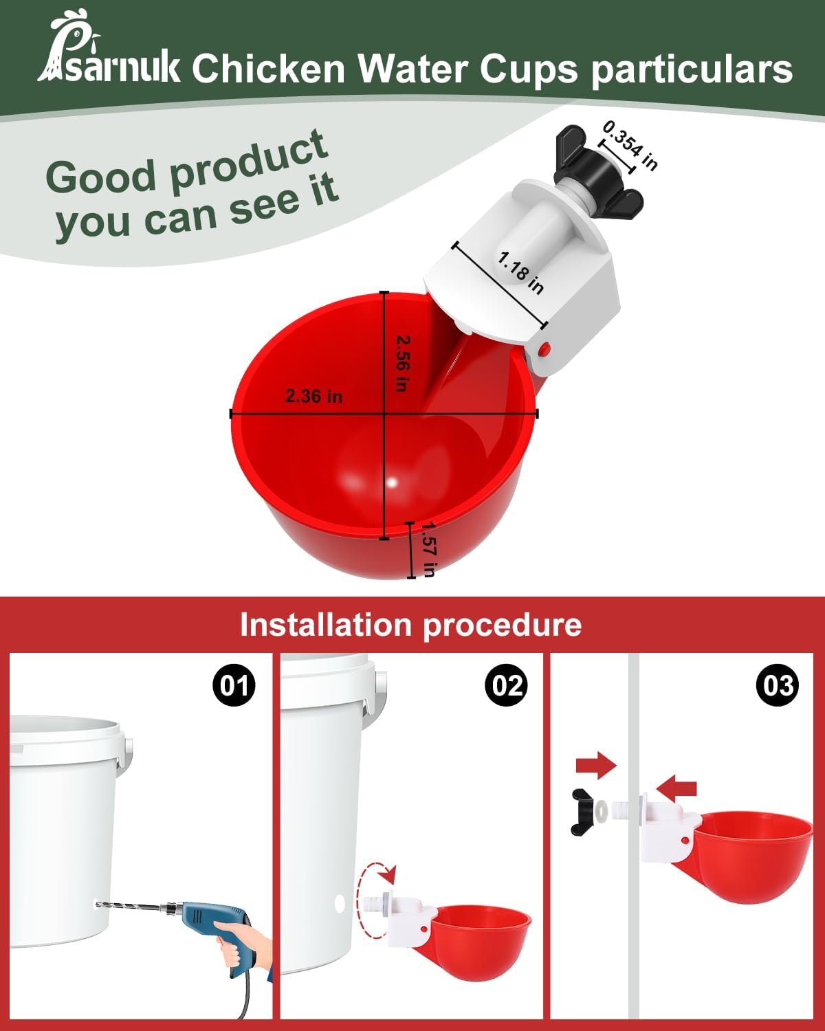 Chicken Waterer Cups (8 Pack) with 3/8" Drill Bit - Red | Automatic Poultry Drinker Feeder Kit for Chickens, Ducks, Turkeys, Quail, Bunnies | DIY Gravity Fed Bucket Water Dispenser