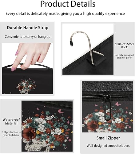 Miniatura 7 de Neceser colgante de flores de calavera de azúcar con gancho para colgar, bolsa de cosméticos grande, organizador de viaje, kit de aseo para mujeres