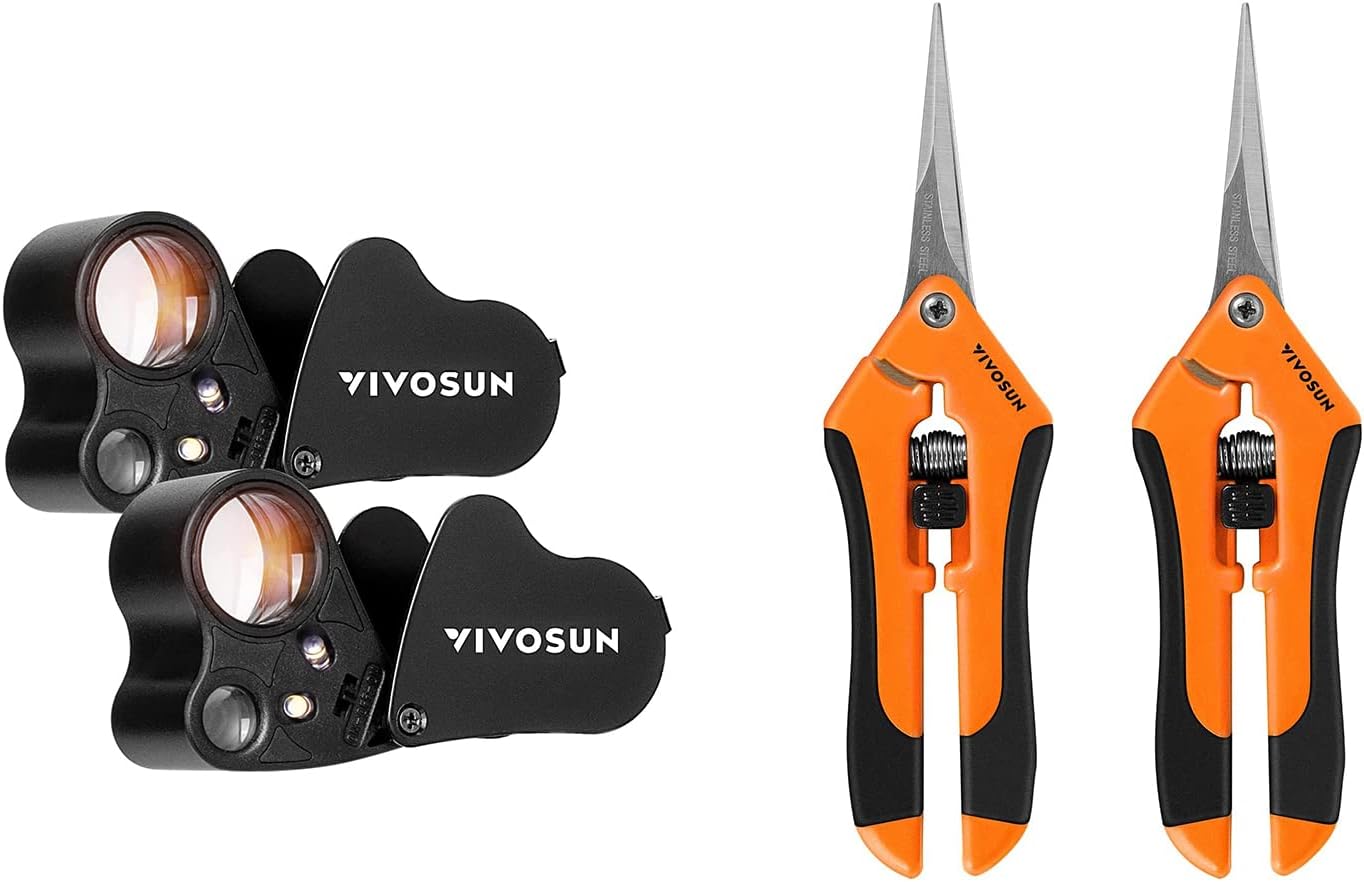 VIVOSUN 2-Pack 30X 60X Illuminated Jewelers Loupe Foldable Magnifier and 2-Pack Gardening Hand Pruner
