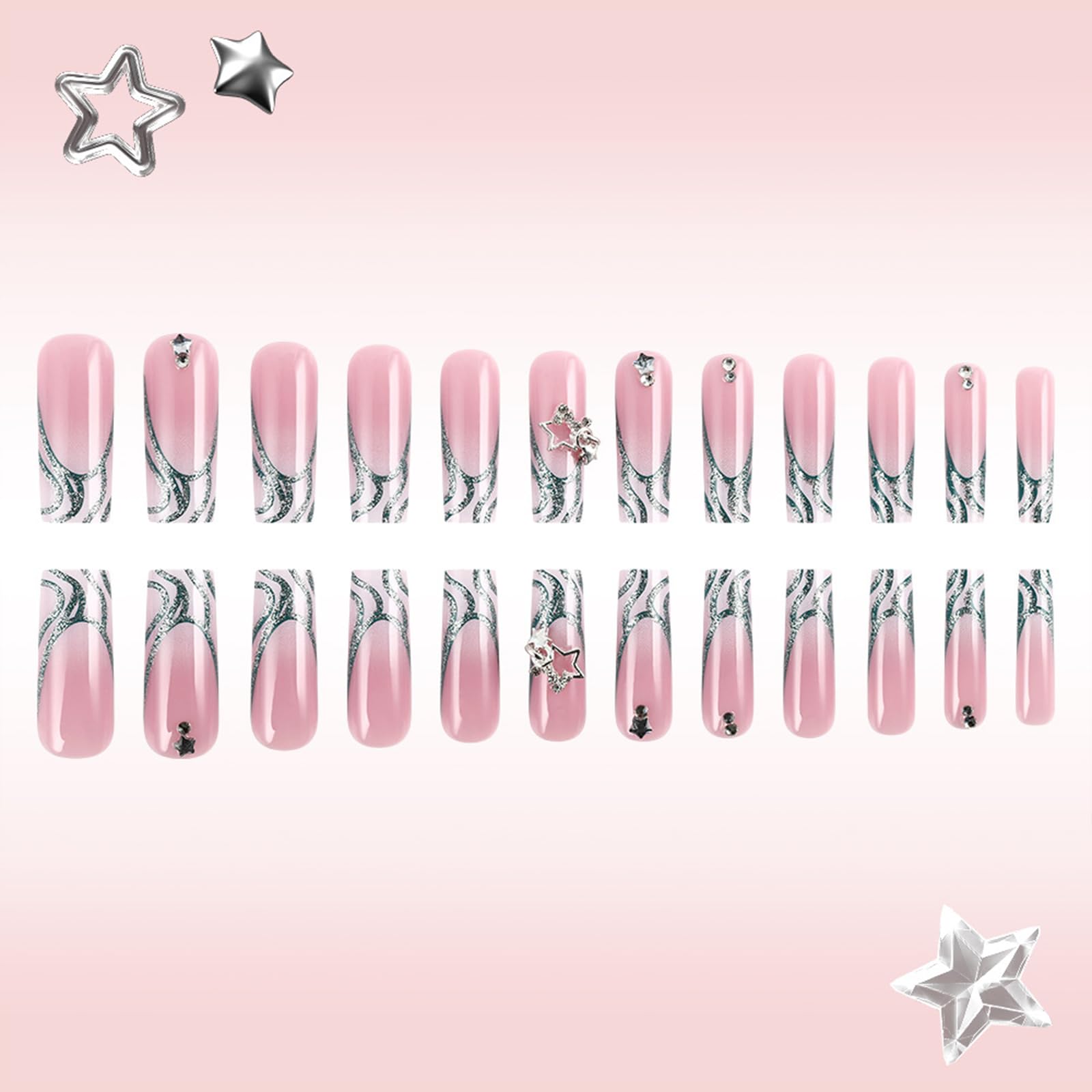 GlamRays 24 Pieces French Tip Press On Nails Ballerina Fake Nails Full Cover Sticker Nails with Rhinestones Star Acrylic Nails - Image 3
