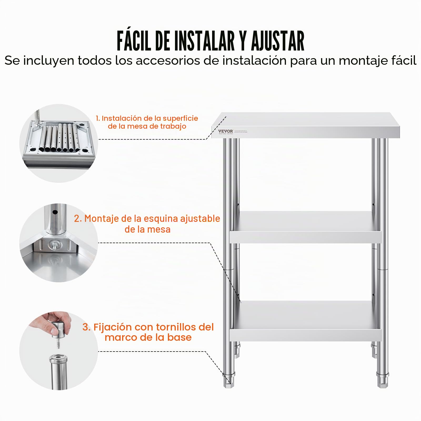 VEVOR Mesa de Preparación de Acero Inoxidable 356x610x864 mm con 2 Estantes Inferiores Ajustables para Cocina Comercial y Hogar