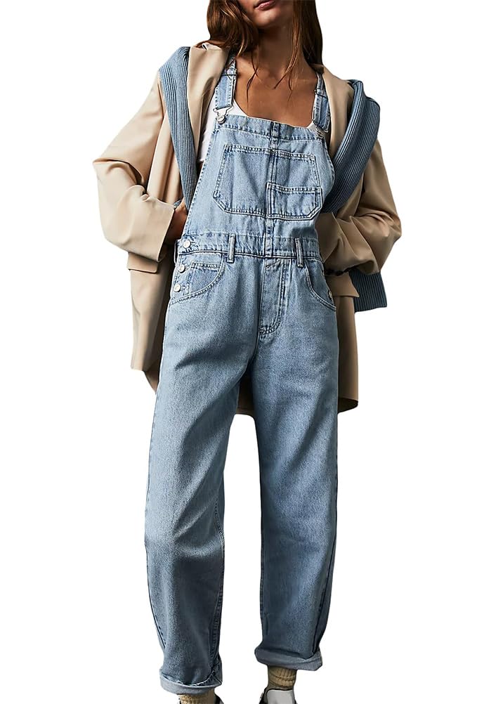 ORANDESIGNE Salopette Casual Stretch Denim Donna Jeans Tuta con Tasche Ragazza Sciolto Overall Lunga Dungarees Casual Pantaloni Bavaglino Jumpsuit Moda Hippie Cinturino