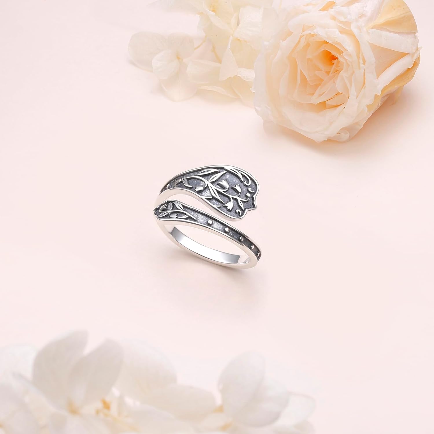 925 Sterling Silver Hummingbird/Sunflower Turquoise/Moonstone/Lily of the Valley Flower Spoon Ring Adjustable Open Ring Statement Thumb Ring Jewelry for Women - Image 2