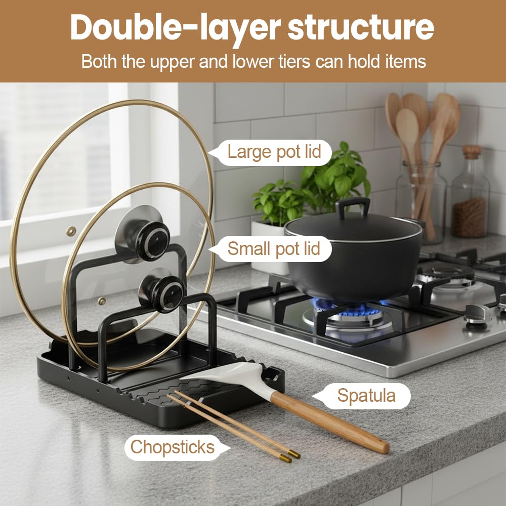 MiOYOOW Soporte para tapa de olla, estante para tabla de cortar con soporte para cucharas, organizador antideslizante para bandeja de horno, utensilios de cocina, barbacoa
