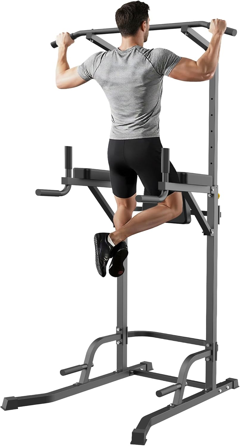Power Tower Pull Up Station for Home Gym, Dip Station with Splayed H-Shaped Base, 440LBS Capacity, Adjustable Height Workout Station for Pull-ups, Dips & Leg Raises