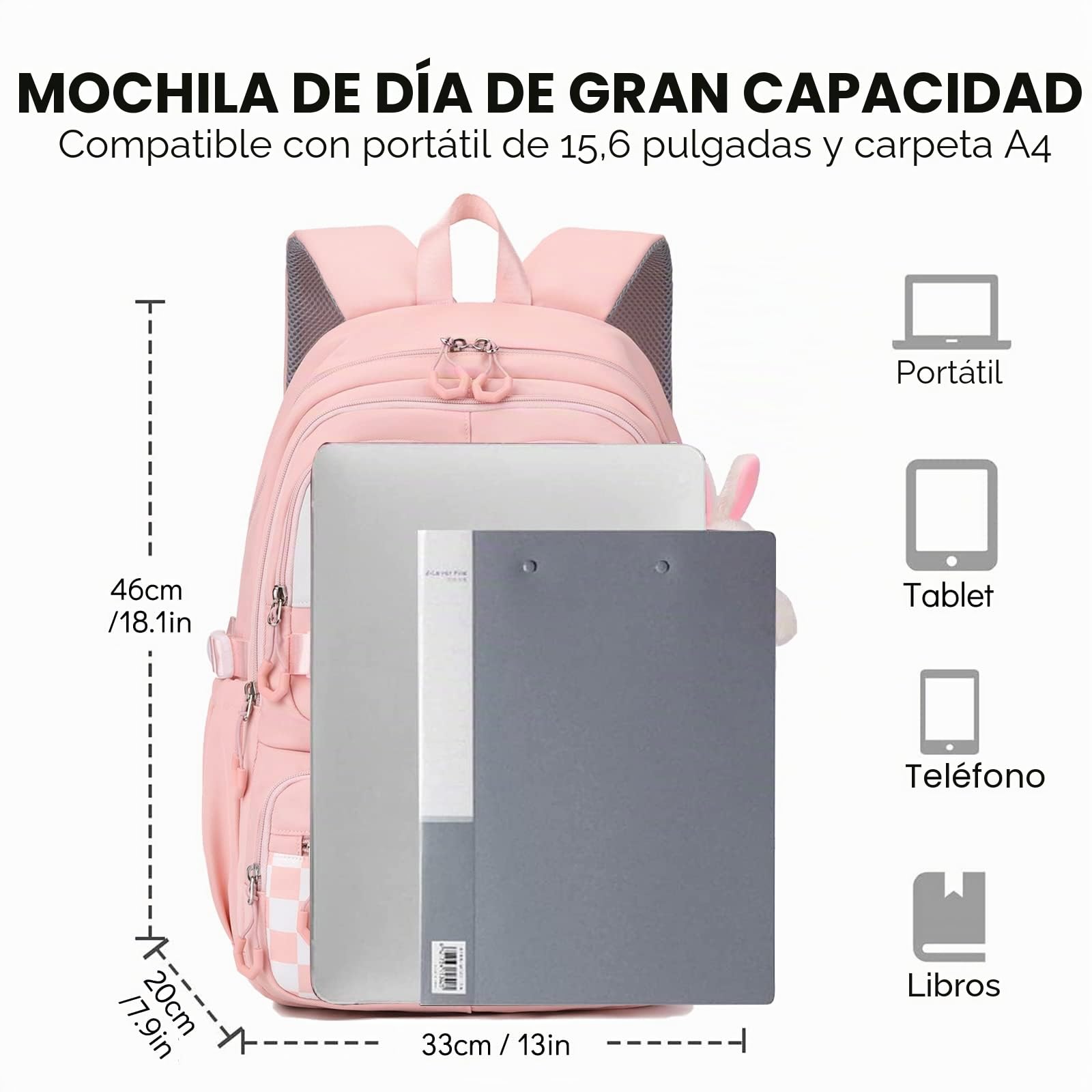 Amythe Mochila Escolar Niña Adolescente, Mochilas Infantil Informal Gran Capacidad, Bonita Mochila de Viaje Impermeable para Niñas de 10 12 14 16 años,Adapta para Ponerla en Carro, L