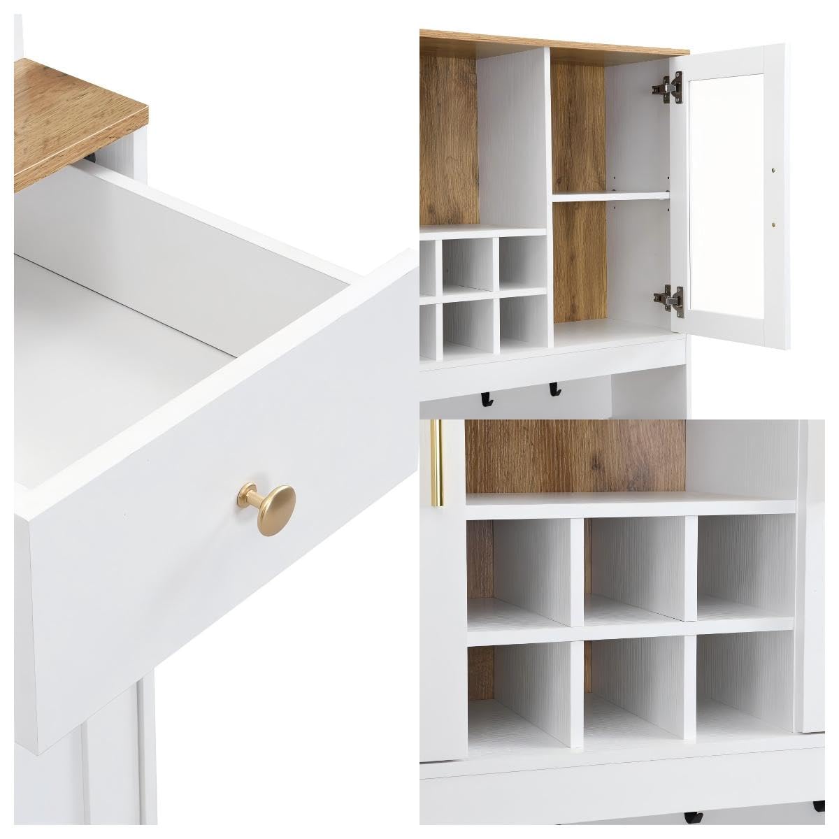 Azkoeesy Mobile Dispensa Cucina, Credenza Alta Cucina, 95x40x175 cm, 3 Cassetti, 3 Porta trasparente in acrilico, Portabottiglie, 5 Ganci, bianco + maniglie in metallo oro