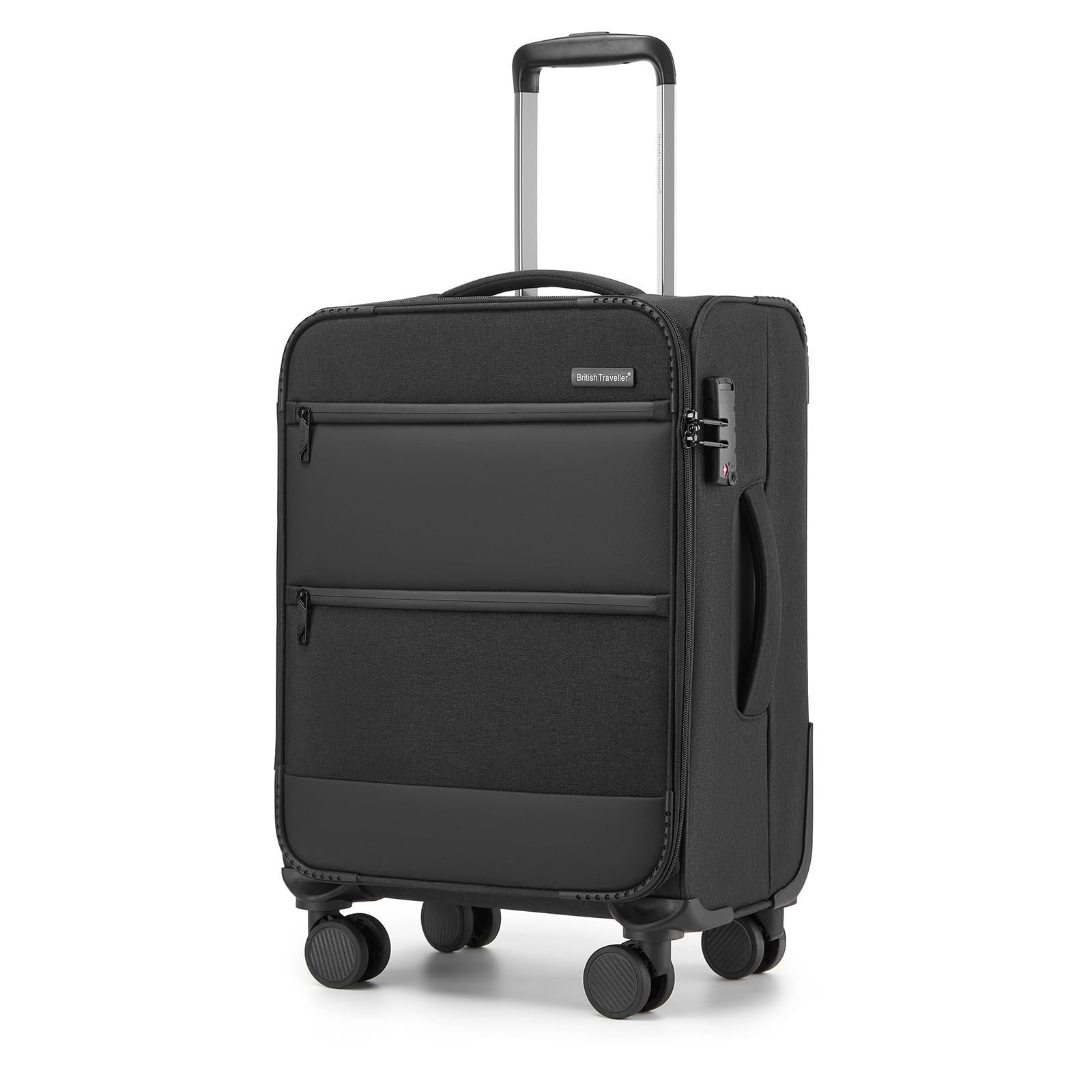British Traveller Handgepäck Koffer Stoff, 41 Liter-Leichter Weichgepäckkoffer mit separatem Laptop-Fach, 4 Rollen Koffer Trolley mit TSA Schloss,57.5x37x25.5 cm (Schwarz)