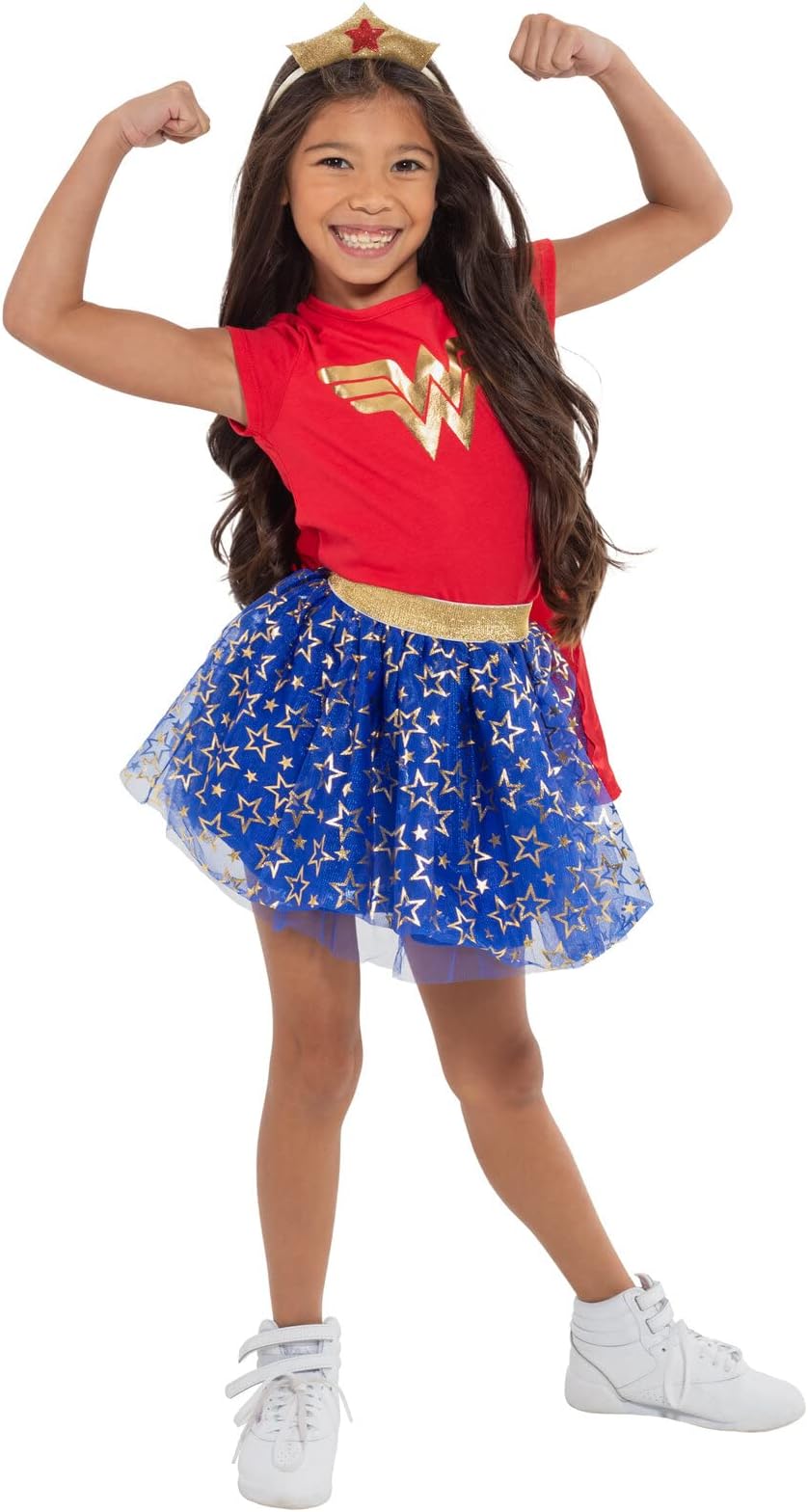 DC Comics (953165WNT) Wonder Woman Toddler Girls' Updated Costume Dress with Gold Tiara Headband and Cape, Red in Red, 4T
