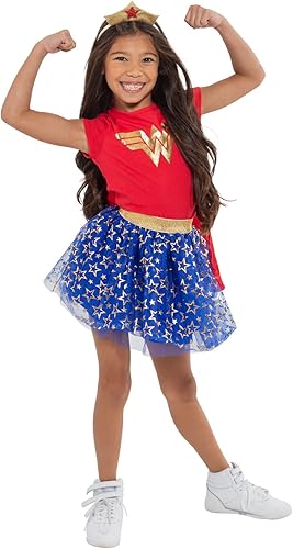 Miniatura 2 de DC Comics Disfraz de la Mujer Maravilla de la Liga de la Justicia para niñas, camiseta de tul falda con diadema y capa, juego de 4 piezas para niños