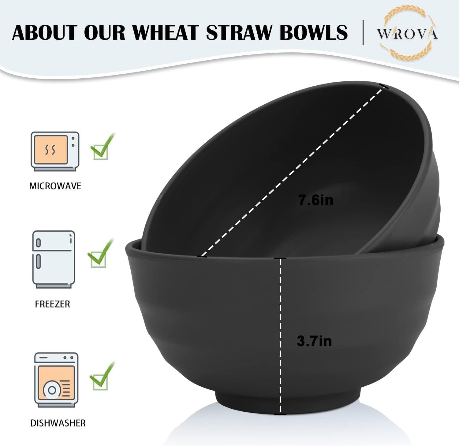 Wrova Wheat Straw Bowls Set 60 OZ Unbreakable Large Cereal Bowls Set of 6 Microwave and Dishwasher Safe Bowls Big Bowls for Camping and Picnic BPA Free Soup Bowl for Serving Oatmeal and Salad. Black - Image 2