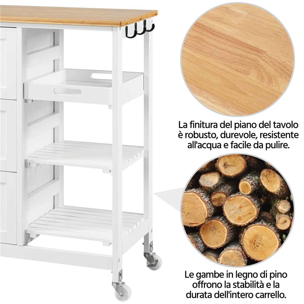 Yaheetech Carrello Cucina con Ruote 3 Cassetti 3 Ripiani in Legno Salvaspazio Bianco Porta Microonde Spezie 67cm x 37cm x 84,5 cm