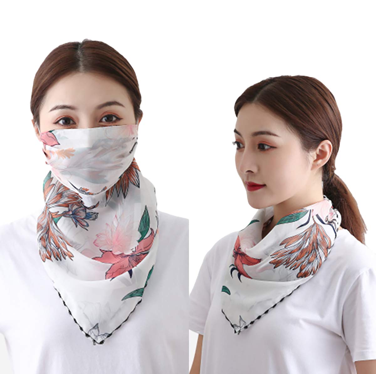 Youstylo Face Scarf Mask for Women Sun Protection Outdoor Riding Protective Chiffon Floral Print Lightweight Scarves Masks (1103A, White-Flower) 1