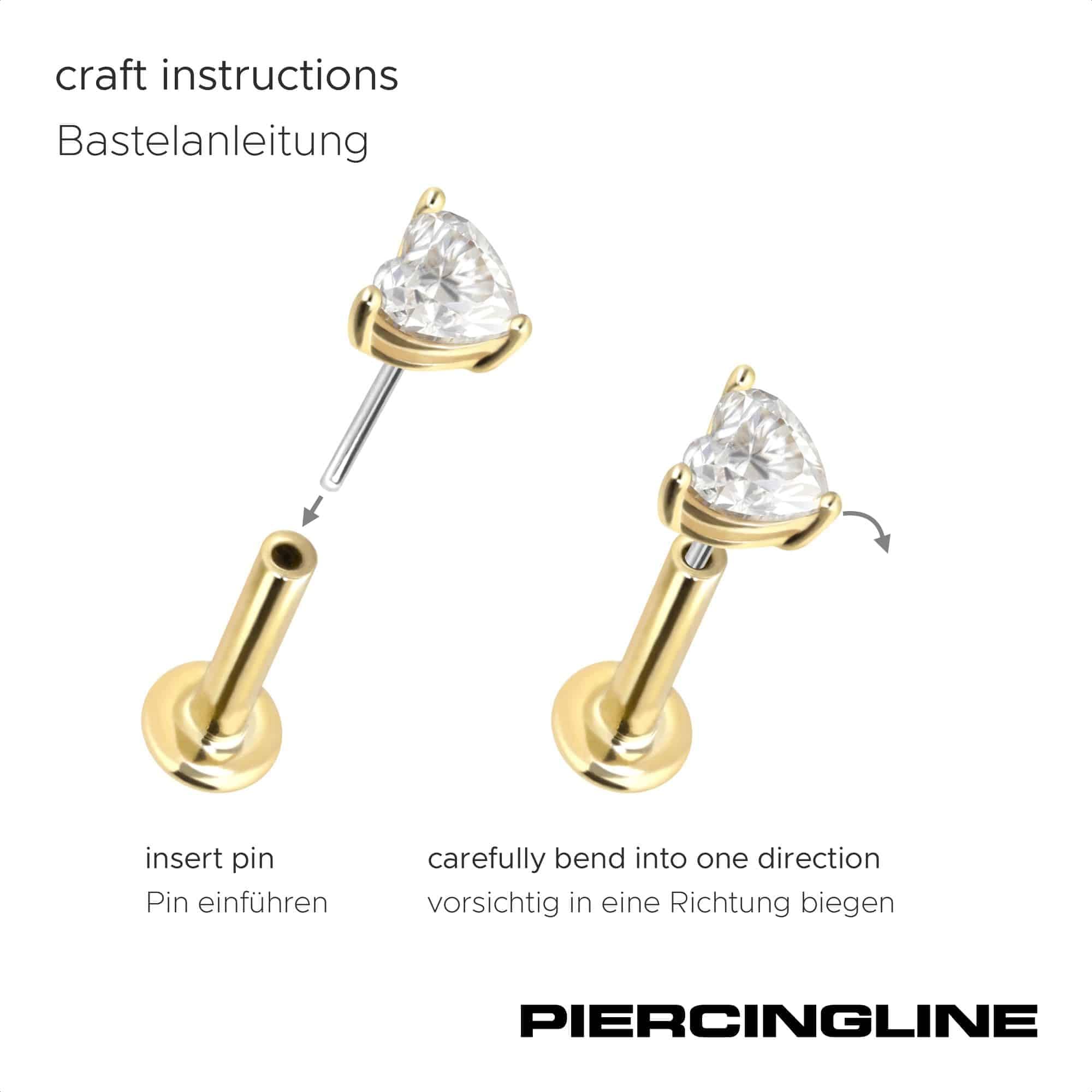 PIERCINGLINE Piercing Stecker 14 Gold Labret mit Push Fit MOISSANIT-HERZ 585er Gold - Roségoldfarben, Goldfarben, Silberfarben