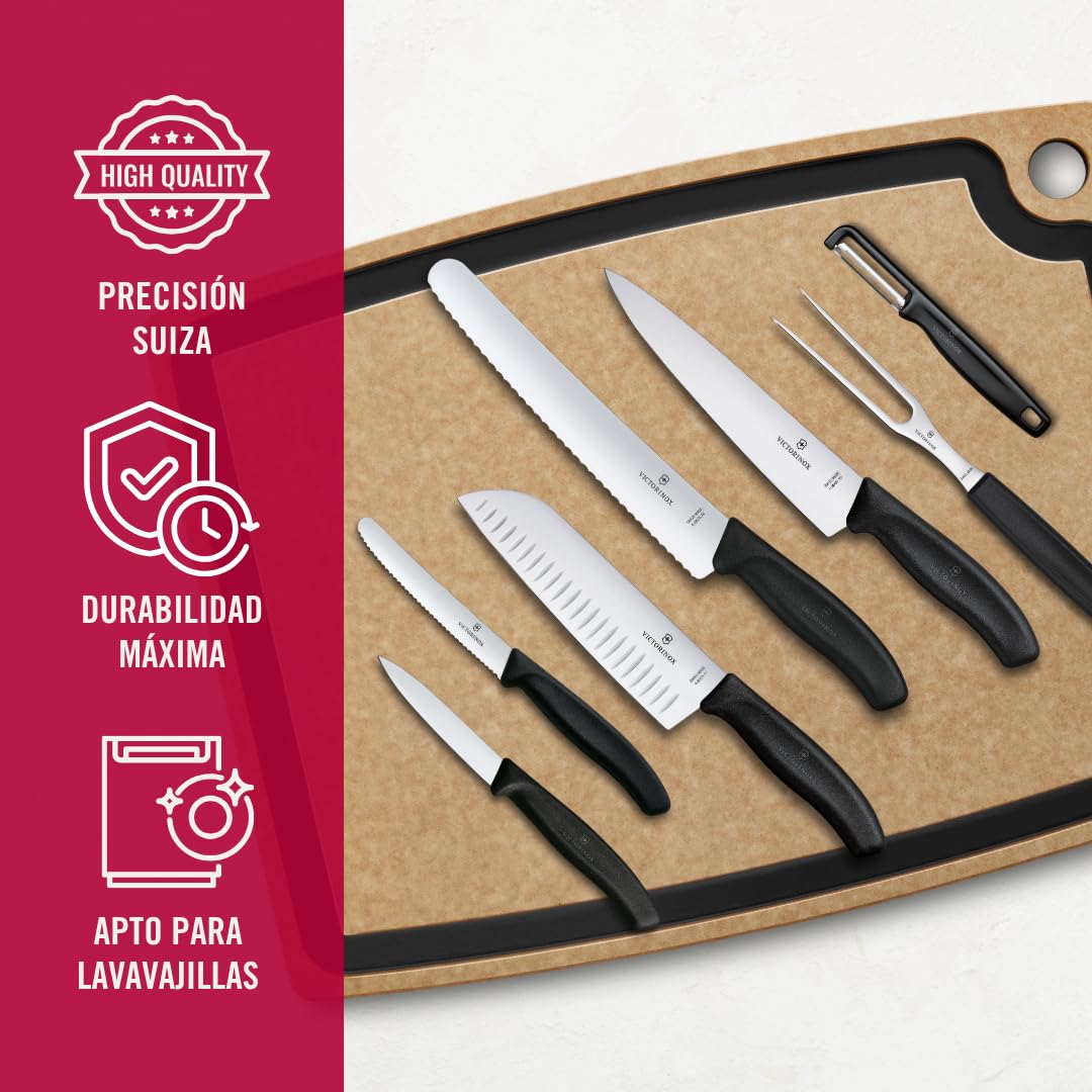 Victorinox Swiss Classic Juego de Cuchillos de Cocina de 7 Piezas, Negro | Set profesional con cuchillo Santoku, de pan, de chef, pelador, tenedor para carne y mangos ergonómicos, Swiss Made