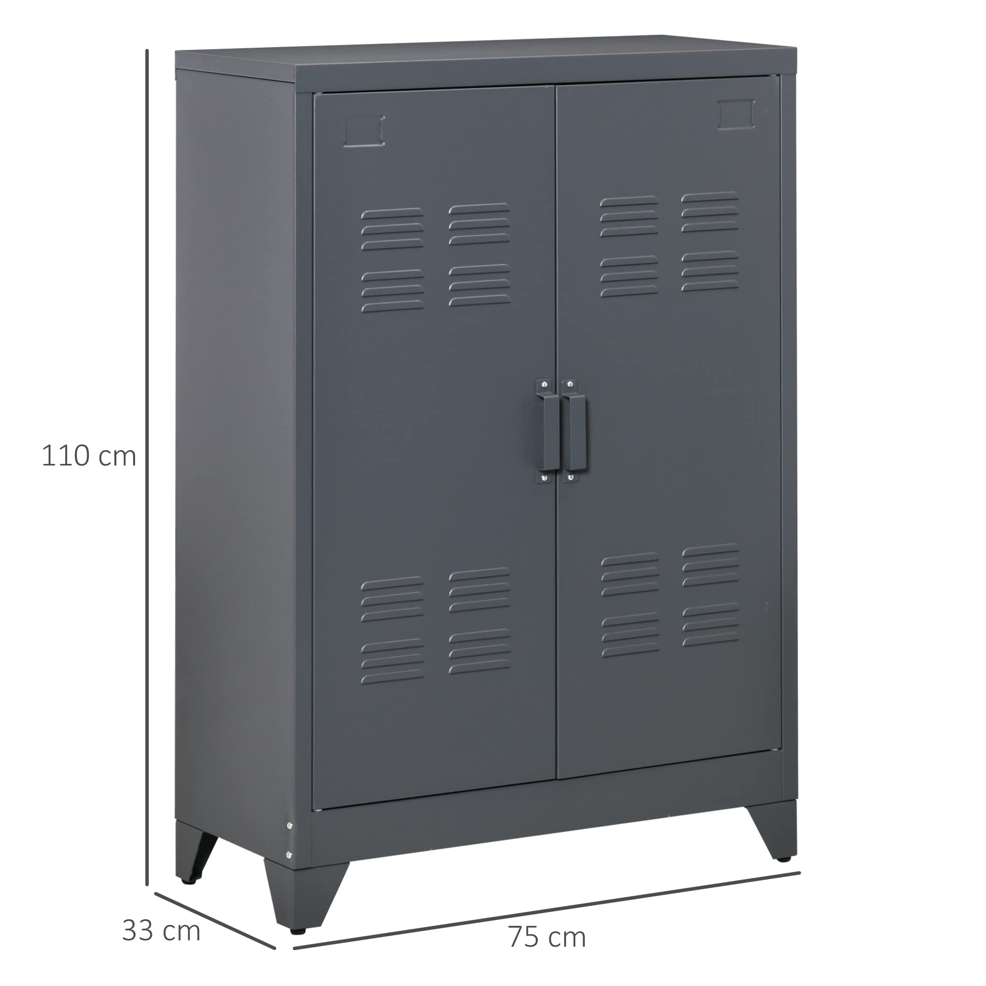 HOMCOM Armario de Almacenamiento Aparador de Metal con Doble Puerta Cierre Magnético y 2 Estantes Ajustables para Oficina Salón Dormitorio 75x33x110 cm Gris