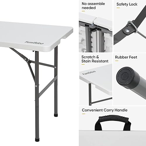 Miniatura 4 de FurniSdoo Mesa plegable blanca, plegable por la mitad, para picnic, fiesta, camping, barbacoas, con asa de transporte, mesa de plástico plegable