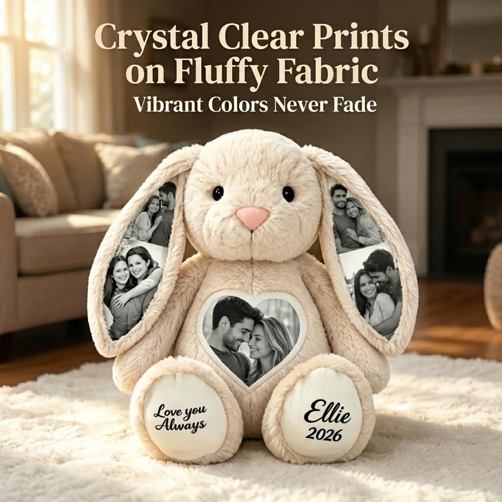 Lapin en Peluche Personnalisé avec Photos dans les Oreilles, Photo Cœur sur le Ventre et Texte sur les Pattes, Cadeau Souvenir Émotionnel pour Couple, Famille, Papa, Maman, Anniversaire, Mariage, Noël