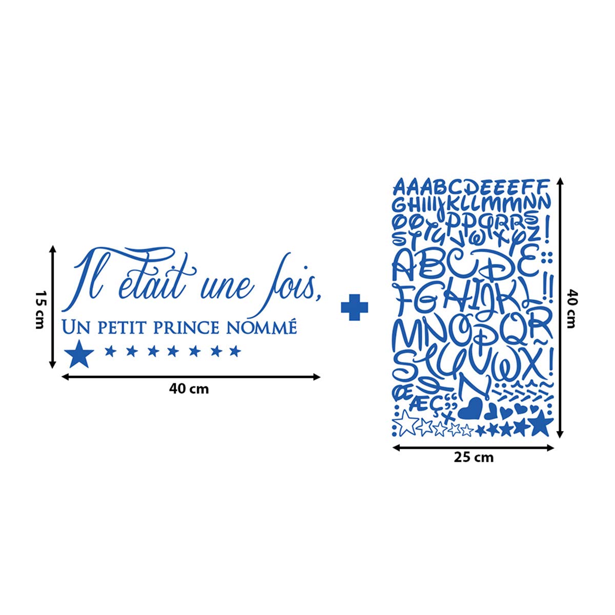 Pegatinas personalizadas con nombre personalizado, pegatina con el texto "Fois un Princes" – Decoración de pared para habitación infantil – 2 láminas de 20 x 40 cm y 40 x 25 cm – azul marino