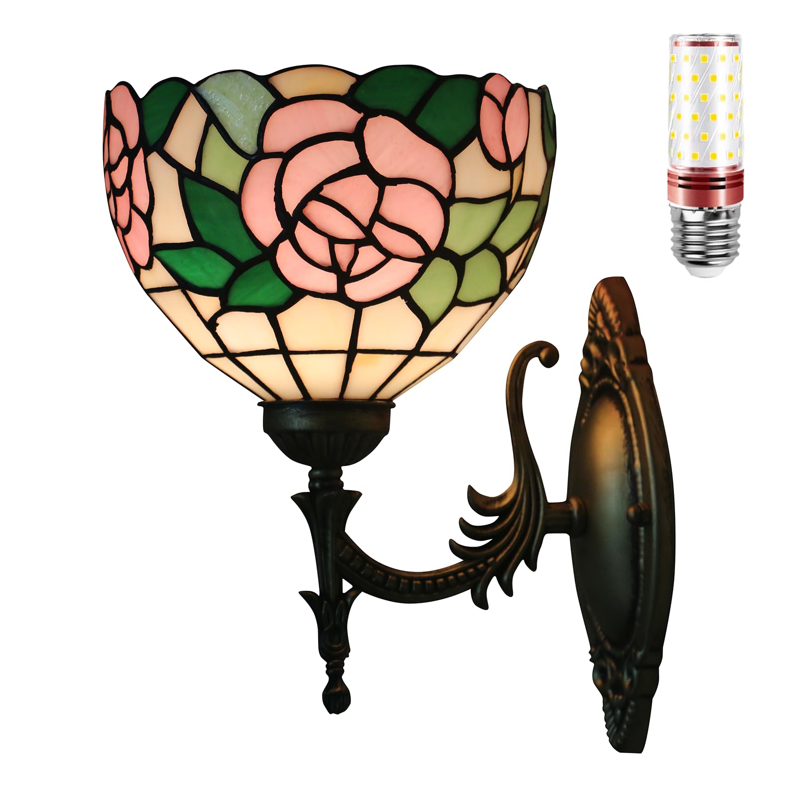 Aioneer Tiffany Stained Glass Wall Lamp With Light Bulb For Bedroom And Living Room-F