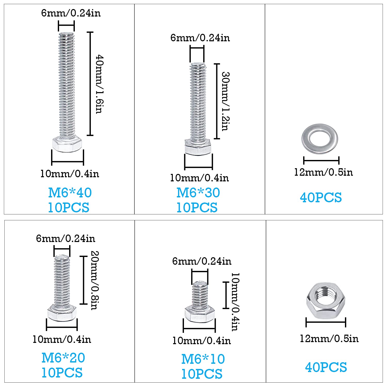 Kit di 20 bulloni filettati a forma di L, M6 x 40 mm, in acciaio inox 304, viti quadrate e ganci per appendere