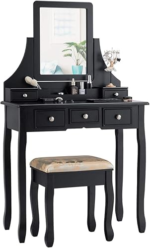 Miniatura 13 de CHARMAID Mesa de tocador de maquillaje con espejo iluminado, escritorio de tocador con 10 luces LED, brillo ajustable, 5 cajones y organizador de