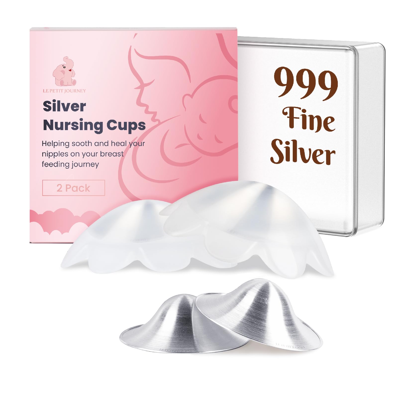 Le Petit Journey Original 999 Pure Silver Nursing Cups with Silicone Pads, Nipple Shields for Nursing Newborn Essentials, Silver Nipple Covers for Breastfeeding, Silver Nipple Guards for Soothing