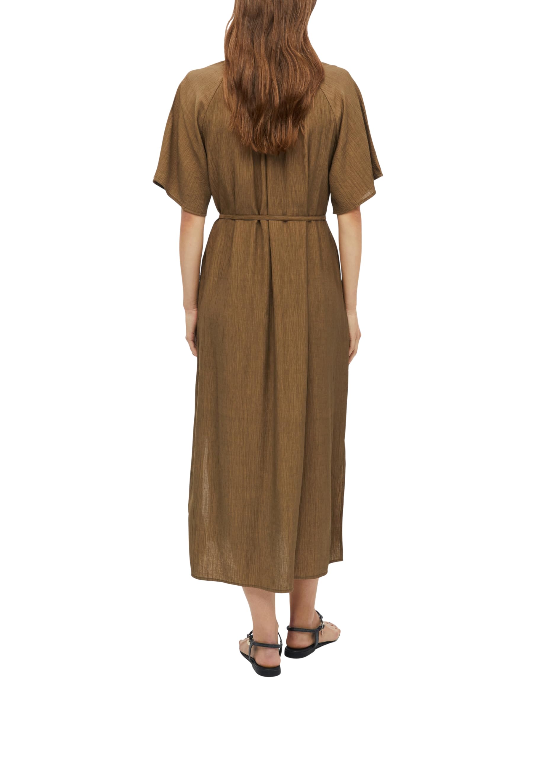 s.Oliver Damen Midi-Kleid – Relaxed Fit, strukturiert, Raffung, Bindegürtel, V-Ausschnitt