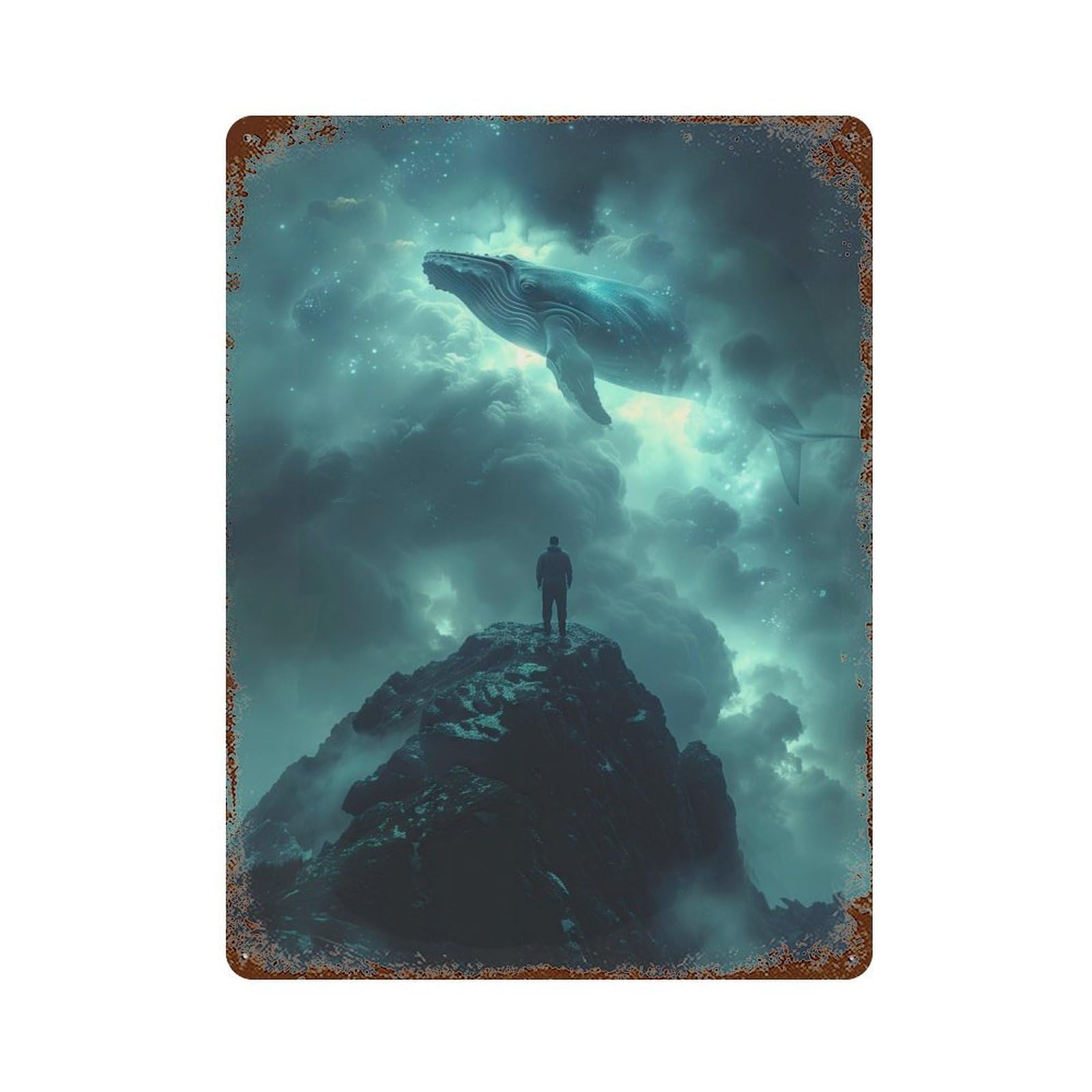 Rust Effect Cosmic Whale Fantasy Aged Metal Wall Plaque 15.7"x11.8", Farmhouse Wall Decor for Office, Studio And Wall Decor