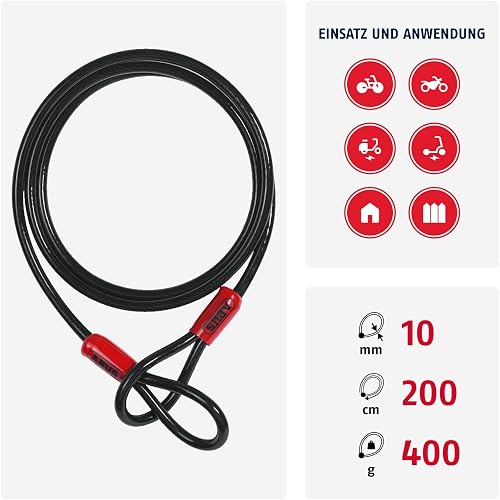 ABUS Câble en boucle Cobra 10/200 - Câble en acier gainé de plastique - 2 m de long, 10 mm d'épaisseur - Sécurité pour les accessoires de vélo et de moto - Noir, Black, 200 cm - 2