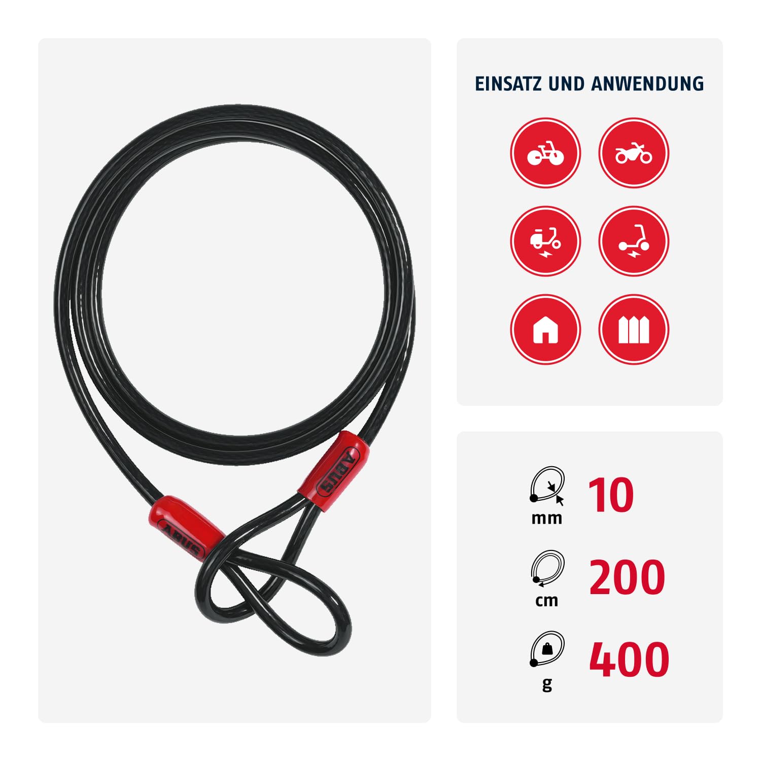 ABUS Schlaufenkabel Cobra 10/200 - Stahlseil mit Kunststoff ummantelt - 2 m lang, 10 mm stark - Sicherung für Fahrrad- und Motorrad-Zubehör - Schwarz, Black, 200 cm