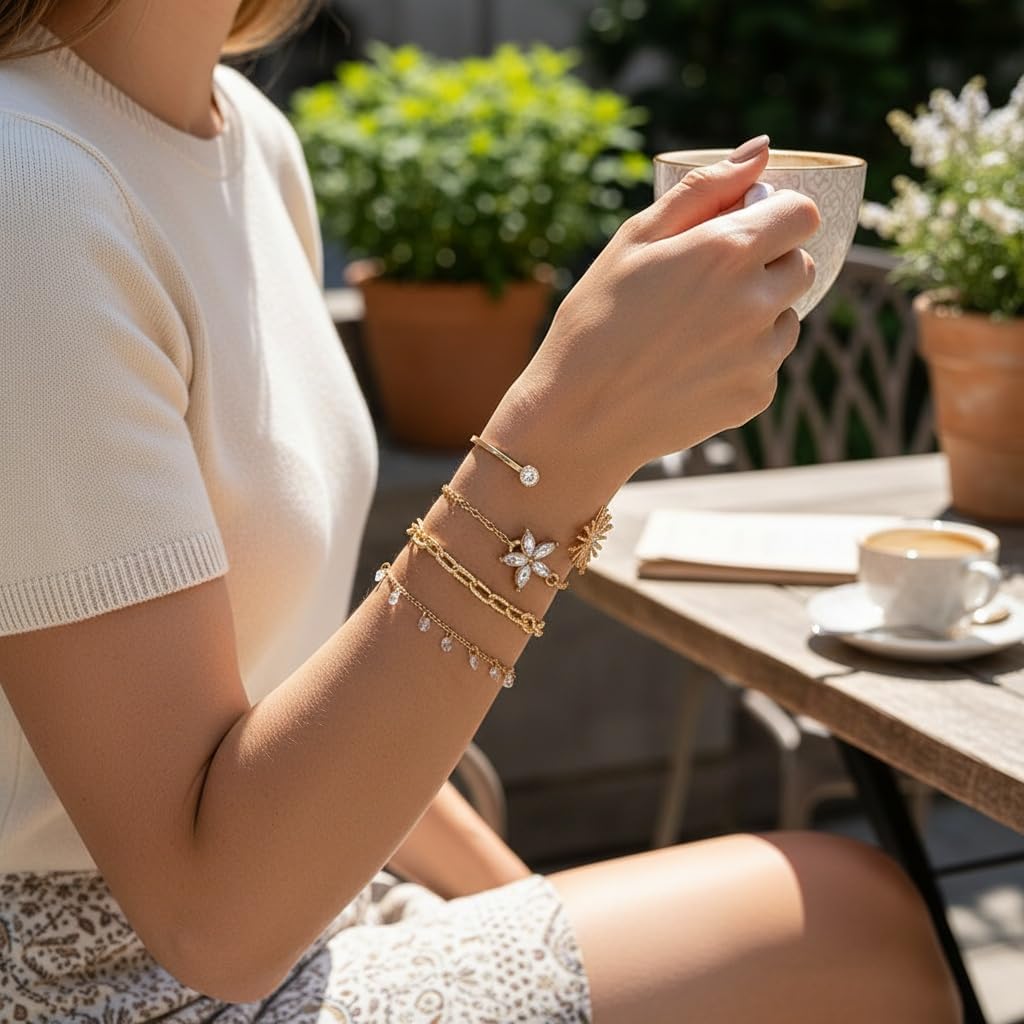 Stackable Gemstone & Rhinestone Bracelets Set with Faux Pearl Decor | 4pcs Dainty Stacking Cuff Bracelets, Flower Design Water Drill Chain Bracelet for Women - Versatile Layered Jewelry Gift Set - Image 6