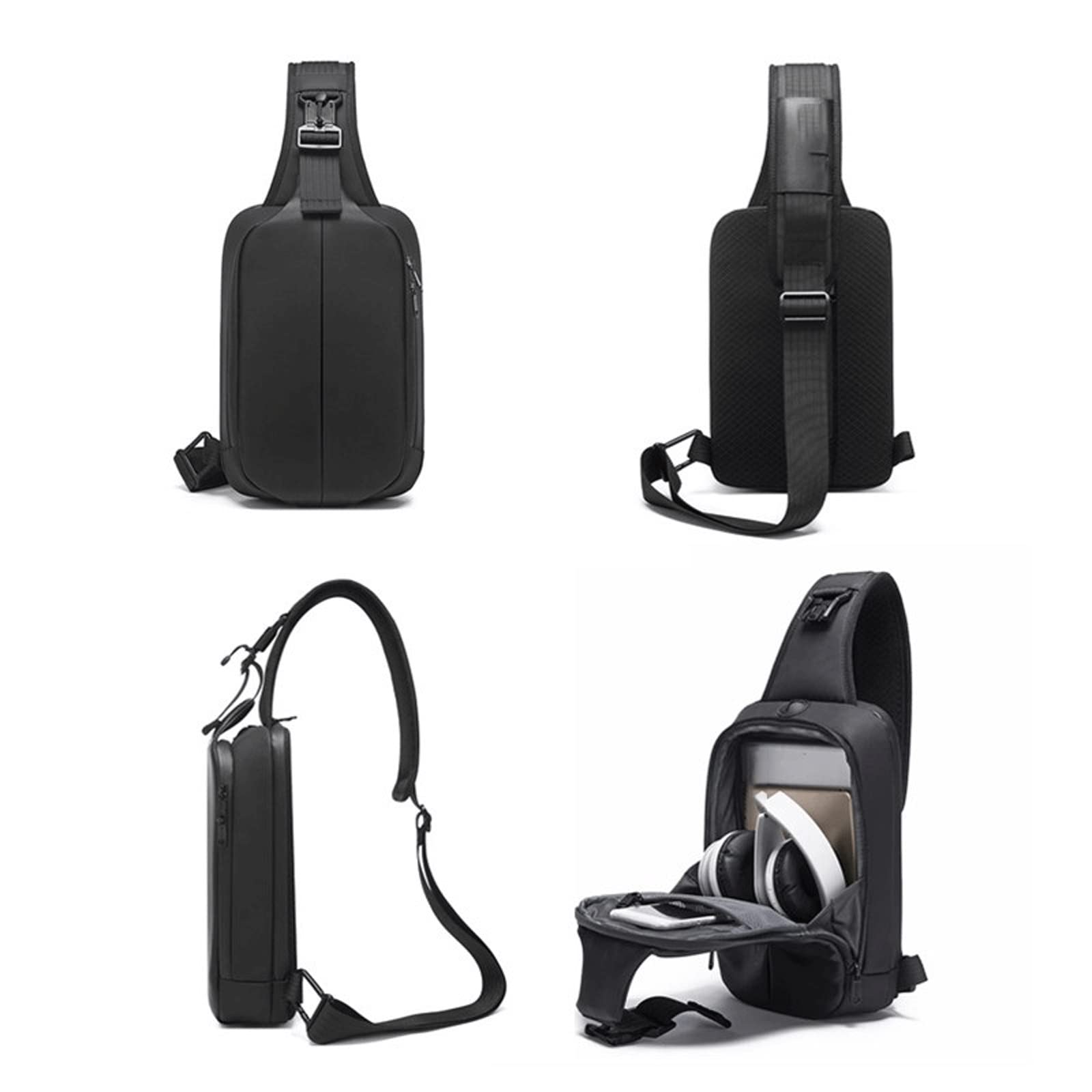HJUGHPN Borsttas voor mannen, lederen crossbody-tas met grote capaciteit, borsttas voor mannen, werkend, reizen, koptelefoongat, mannelijke schoudertas (Schwarz