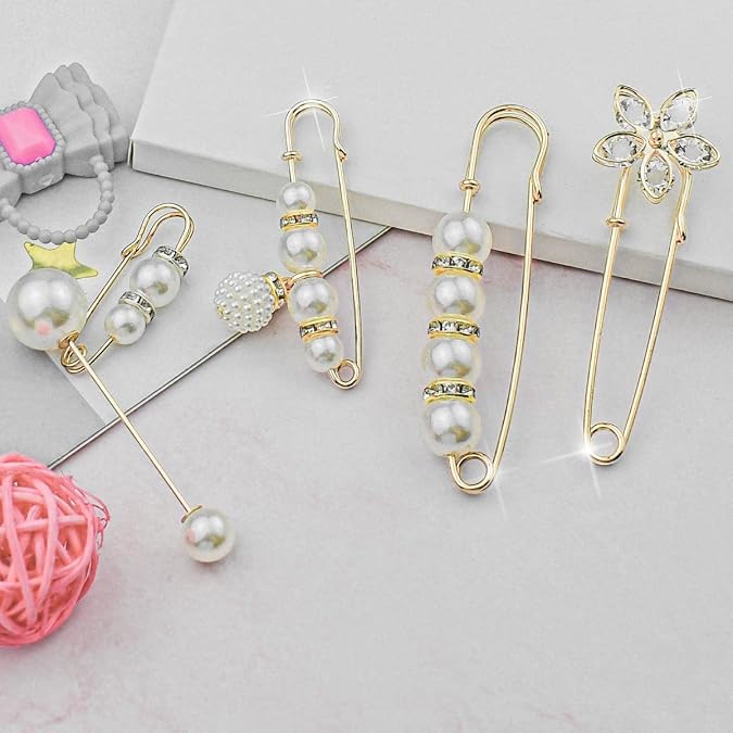 5 Pieces Pearl Brooch Safety Pins for Clothes Safety Pin for Women Fashion Sweater Shawl Collar Dresses Cardigan Clips Faux Crystal Pearl Brooches Set for Girls Jewelry Decoration Accessories (Gold)