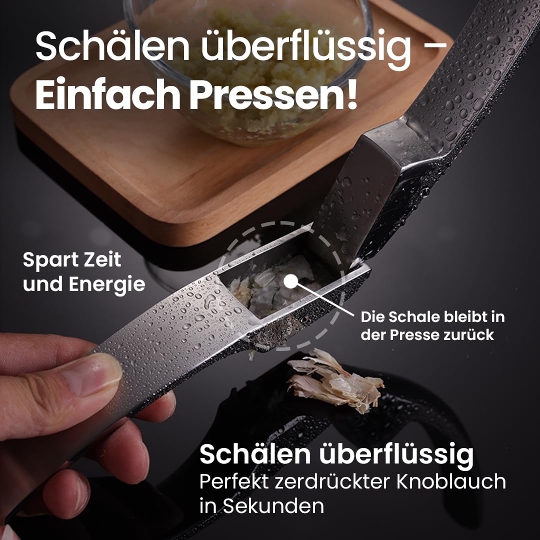 Gourmet Easy Knoblauchpresse, 2 Aufsätze, ohne Schälen, lebenslanger Ersatz | Robuste Knoblauchpresse Edelstahl mit 2 Aufsätzen für feines & grobes Hack, ergonomischer Griff, spülmaschinenfest