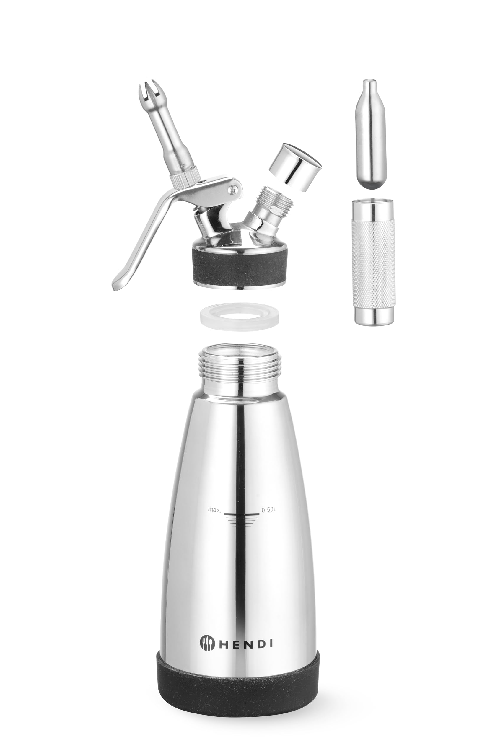 HENDI Sifone da cucina a doppia parete – 0,5L – Per panna montata, mousse, salse calde e fredde – 3 beccucci, spazzolino per la pulizia – ø95x(H)275mm – Acciaio inox
