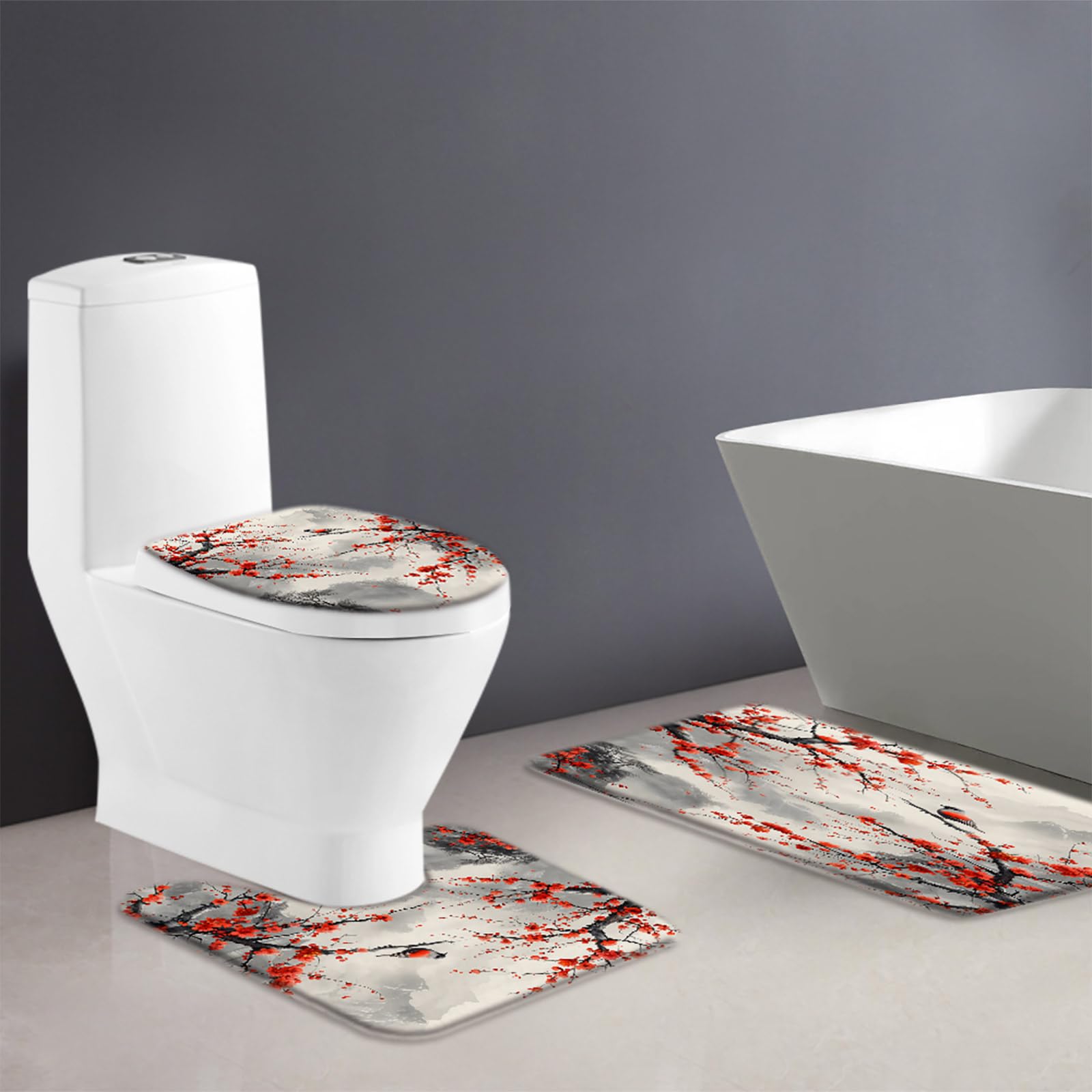 AYDSMYD 3 Piece Red Floral Bath Mat Asian Japanese Cherry Blossom Flower Bird Misty Mountain Art Traditional Ink Bathroom Bathtub Floor Rugs Absorbent Doormat Toilet Decor