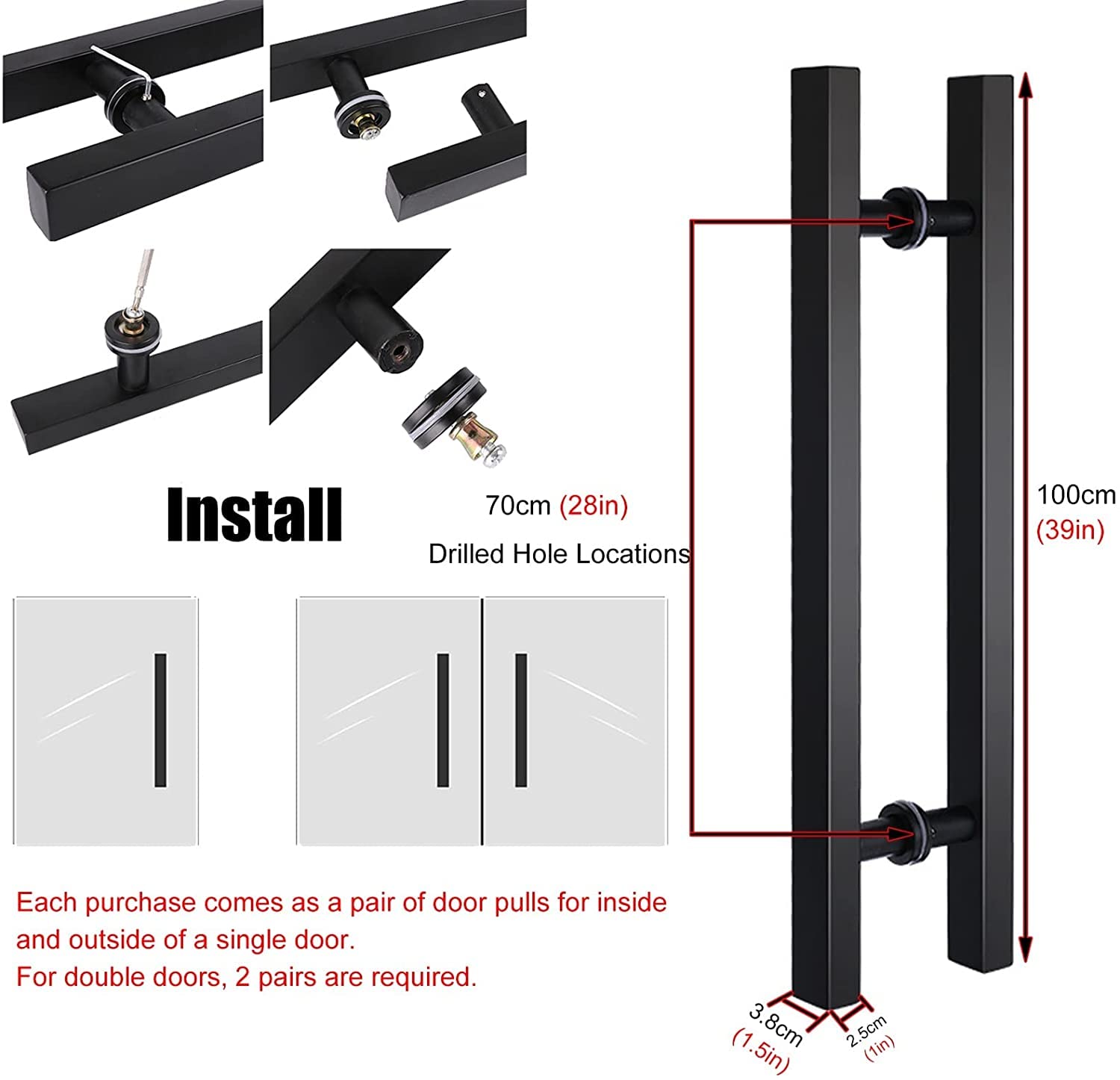 Klamki do drzwi Push Pull, złota klamka do drzwi komercyjnych ze szkła Wewnętrzna, zewnętrzna klamka ze stali nierdzewnej (srebrna 100 cm/39 cali) (czarny matowy 100 cm/39 cali)