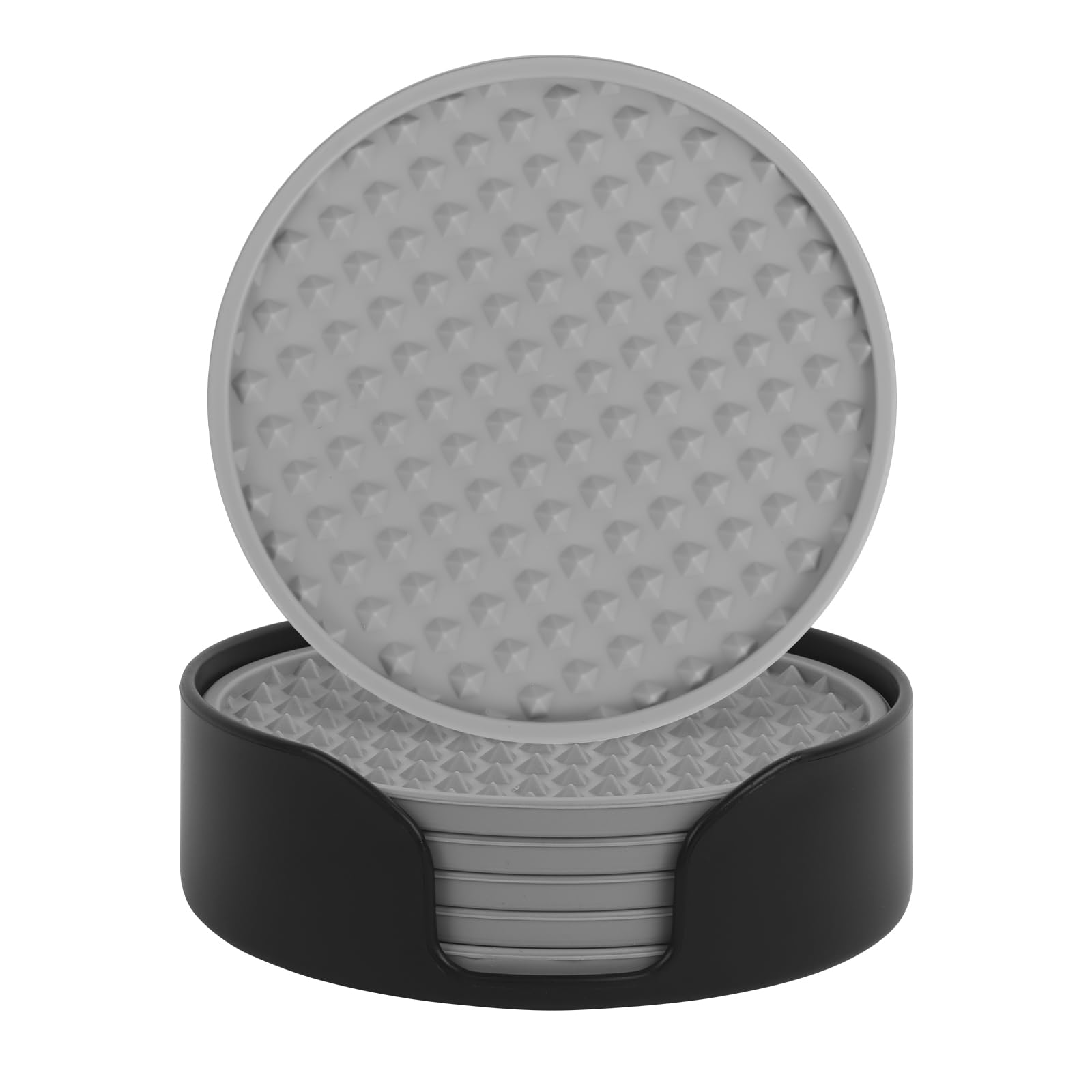 Silicone Coasters with Holder Round Drink Coasters Set of 6 Non-Slip Cup Mats for Coffee Mugs, Beer Glasses, Wine and Tea Furniture Protector Against Water Marks & Scratches (Grey)