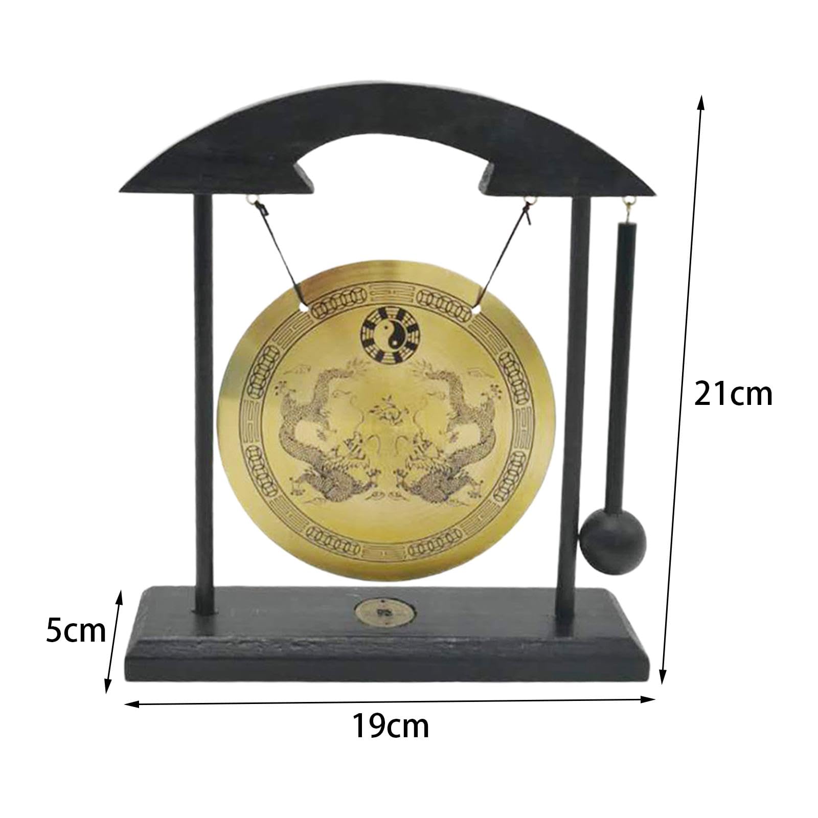 perfk Cuivre Gong Ornement Asiatique Gong Cloche Mini Carillons Éoliens En Laiton Feng Shui Bureau Gong Chinois Cuivre Gong avec Support pour Table Extérieu, Style b