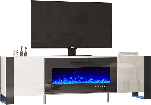 Miniatura 7 de Soporte de TV con chimenea de 70 pulgadas con patas en forma de U, consola multimedia con acabado espejo con chimenea eléctrica de 36 pulgadas,