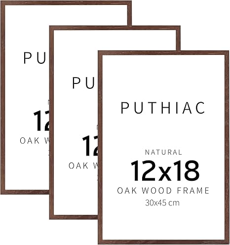 puthiac 12x18 Walnut Oak Wood Picture Frame - Minimalist 12x18 Poster Frame, 12"x18" Picture Frame Wood, Natural Solid Wooden Picture Frames for Wall Art Photo and Prints (3 Pack, Walnut)
