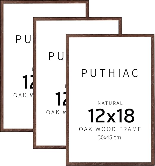 puthiac 12x18 Walnut Oak Wood Picture Frame - Minimalist 12x18 Poster Frame, 12"x18" Picture Frame Wood, Natural Solid Wooden Picture Frames for Wall Art Photo and Prints (3 Pack, Walnut)