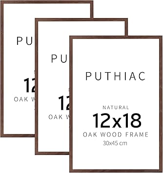 puthiac 12x18 Walnut Oak Wood Picture Frame - Minimalist 12x18 Poster Frame, 12"x18" Picture Frame Wood, Natural Solid Wooden Picture Frames for Wall Art Photo and Prints (3 Pack, Walnut)